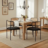 Noble House Set of 4 Velvet Dining Chairs with PE Rattan Backrest, Sturdy Metal Legs,Black+Natural