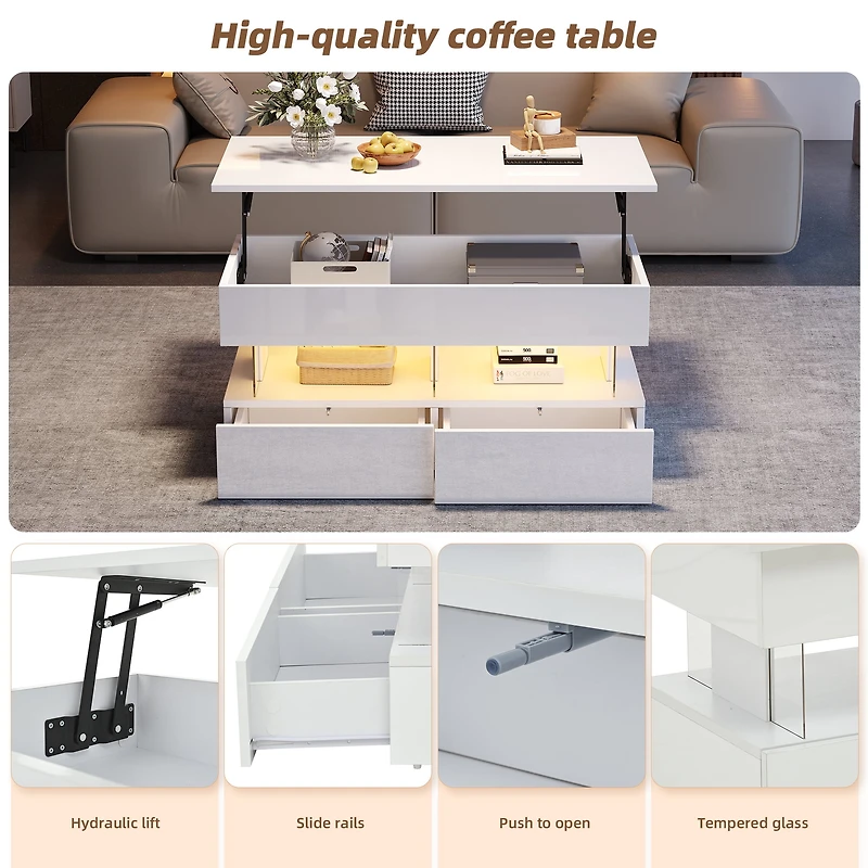 Homy Casa Lift Top Coffee Table with 2 Stools, LED White High Gloss Storage Table