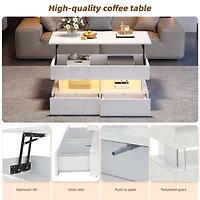 Homy Casa Lift Top Coffee Table with 2 Stools, LED White High Gloss Storage Table