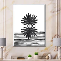 Designart Feuille tropicale noire et blanche sur rayures II ART MURAL À CADRE FLOTTÉ