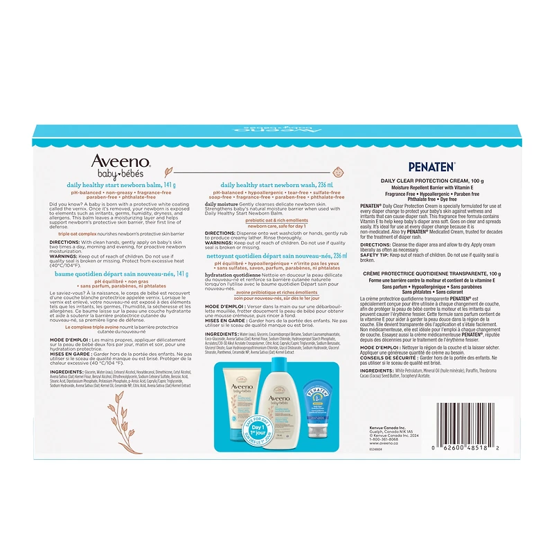 Ensemble-cadeau Départ sain pour nouveau-nés Aveeno Baby, nettoyant pour nouveau-nés, baume pour nouveau-nés, crème Penaten, sans parfum, 3 produits