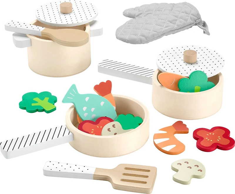 Fisher-Price Wooden Kitchen Pots & Pans Set, 19 Wood Pieces for Preschool Pretend Play, Ages 3+ Years