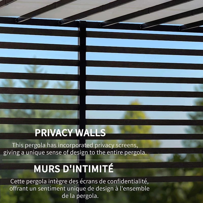 Sunjoy 10 ft. x 12 ft. Outdoor Pergola Modern Metal Pergola with White Adjustable Canopy and Privacy Wall