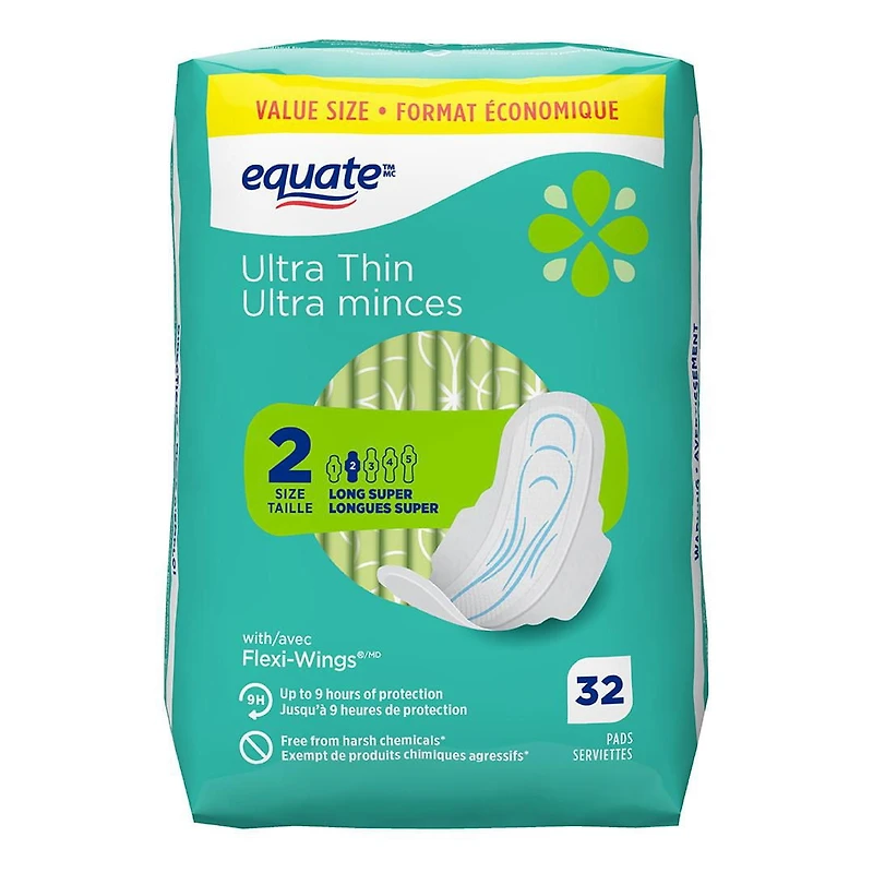 Equate Long Super Absorbency Ultra Thin Pads With Flexi-Wings, Size 2, 32 Count