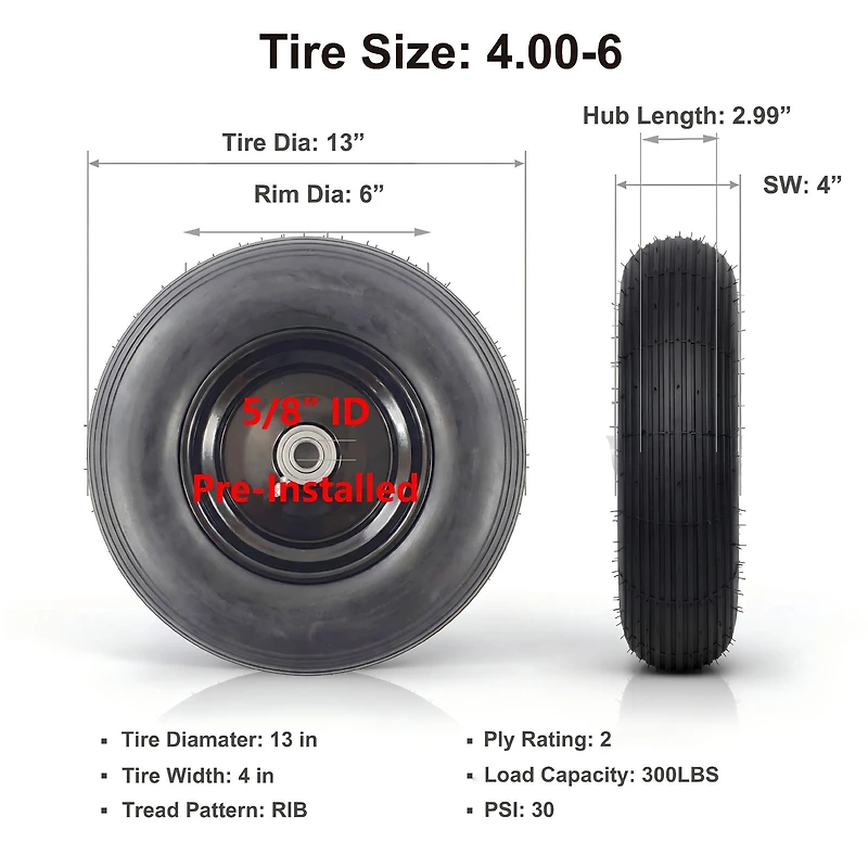 Hi-Run Ribbed 13" Pneumatique 4.00-6 Pneu Brouette 2PR Assemblé avec Douille 5/8" Pré-monté