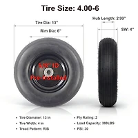 Hi-Run Ribbed 13" Pneumatique 4.00-6 Pneu Brouette 2PR Assemblé avec Douille 5/8" Pré-monté