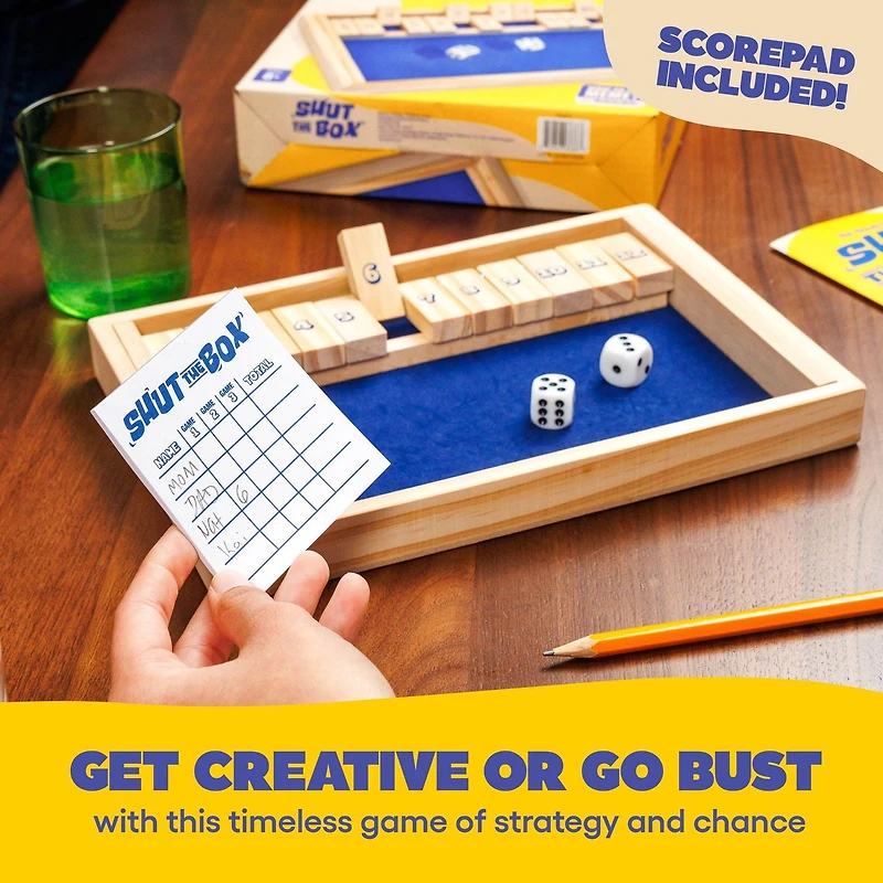 Shut The Box by Relatable, Strategy Board Games for Kids and Adults, Includes 2 Dice, 1 Wooden Box, 1 Scorepad, and Instructions