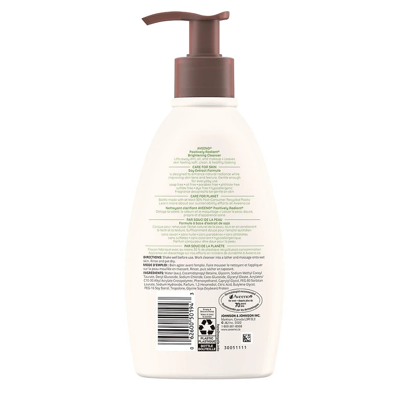 Aveeno Positively Radiant Brightening Cleanser - Makeup Remover, Soy Extract Face Cleanser, Remove Oil, Smooth Skin Tone