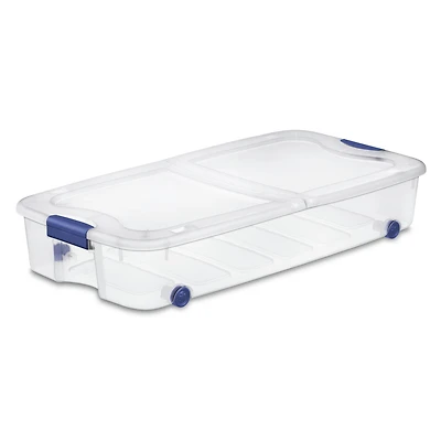 Sterilite Boîte à loquets de 62 L avec roues, boîte de rangement en plastique transparent avec couvercle et loquet bleu