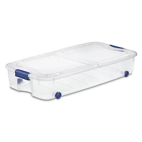 Sterilite 62 Liter Wheeled Latch Box, Small Clear Plastic Storage Bin with Lid, Blue Latch