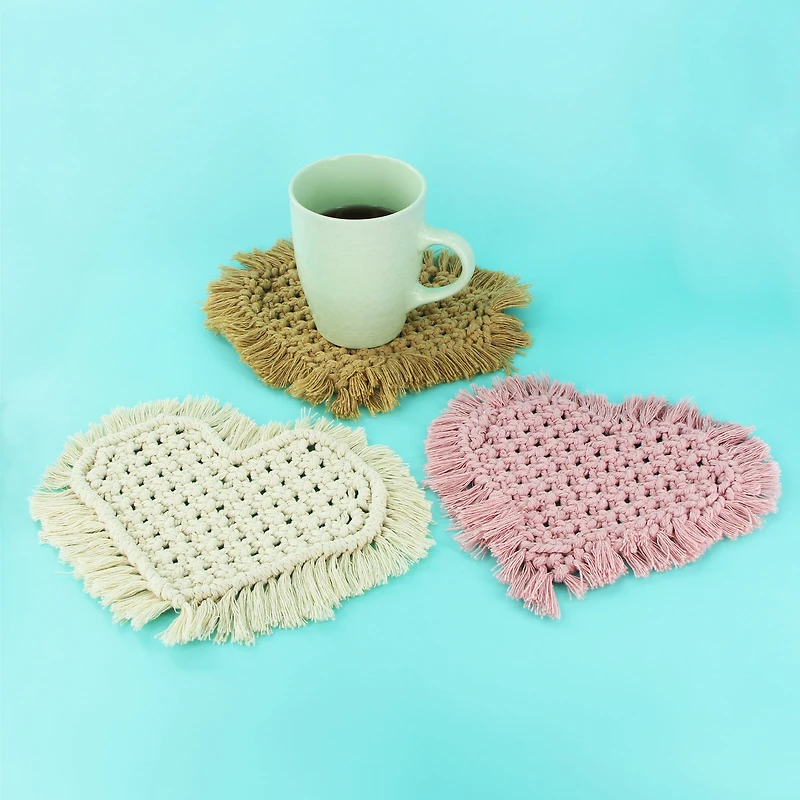 UNIQUE CREATIV CRAFT Macramé Coaster Kit - Heart, 3 pcs, Age 8+, Beginner, 15.5 cm (6.1 in)
