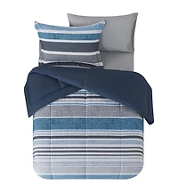 Ensemble de literie tout-en-un réversible Mainstays, avec couette et draps, 7 pièces, à rayures bleues, format deux places (Double).