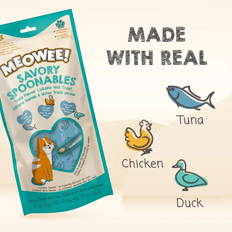 Meowee Lickable Cat Treats, Squeezable Wet Cat Snack with Tuna, Chicken & Duck, Built-In Spoon, 4 Pack (56 g)