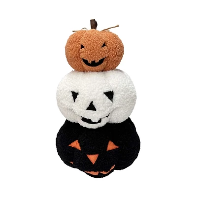 Way-To-Cel PL Teddy fleece stacked pumpkin decor, 15 inches height, orange and white and black colour