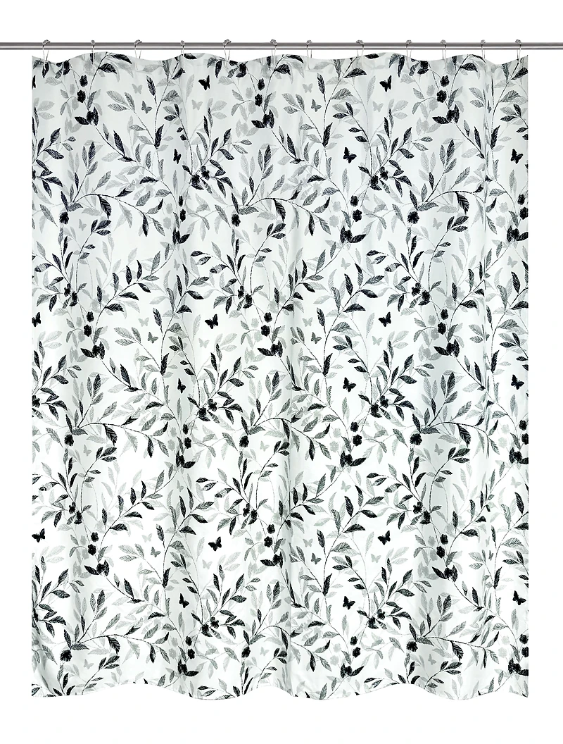 Mainstays 16-Piece Black and White Botanical Shower Curtain Bathroom Set – Fabric Curtain with Rug, Hooks, Soap Dispenser & Tray