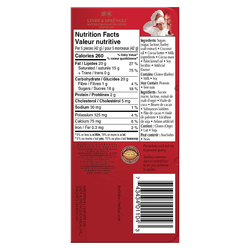 Lindt LINDOR Milk Chocolate Bar, 100 Grams