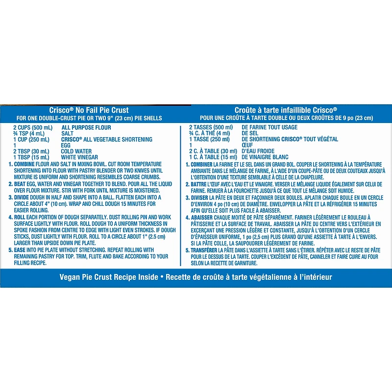Shortening végétal Crisco. Le shortening entièrement végétal Crisco® rendra vos croûtes à tarte feuilletées, votre poulet frit croustillant, votre glaçage moelleux et vos repas savoureux.