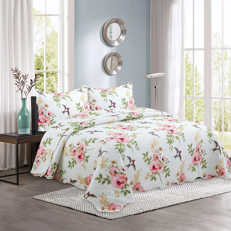 Marina Decoration Rich Printed Embossed Pinsonic Coverlet Bedspread Ultra Soft Bedding Summer Quilt Set with Shams, Pink Floral and Birds Pattern