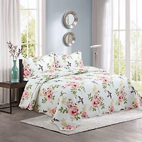 Marina Decoration Rich Printed Embossed Pinsonic Coverlet Bedspread Ultra Soft Bedding Summer Quilt Set with Shams, Pink Floral and Birds Pattern