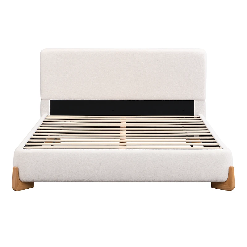 Noble House Elegant Boucle Upholstered Bed, Queen Size, White