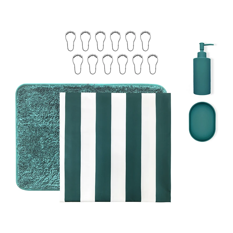 Mainstays 16-Piece Teal Shower Curtain Bathroom Set – Fabric Curtain with Rug, Hooks, Soap Dispenser & Tray