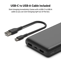 Belkin Chargeur portable USB-C, 20 000 mAh avec 1 port USB-C et 2 ports USB-A pour une charge jusqu’à 15W pour iPhone 14 Pro, 14 Pro Max, AirPods, iPad, Galaxy S23, S23+, Ultra - Noir