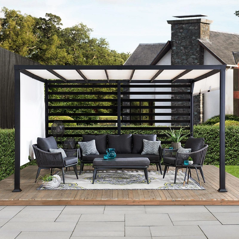 Sunjoy 10 ft. x 12 ft. Outdoor Pergola Modern Metal Pergola with White Adjustable Canopy and Privacy Wall