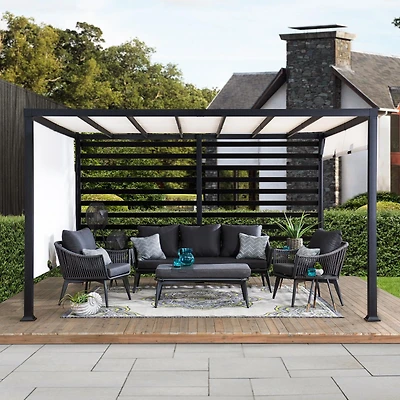 Sunjoy Pergola de jardin métallique moderne 10 x 12 pi avec toit réglable blanc et mur de confidentialité.