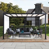 Sunjoy 10 ft. x 12 ft.  Outdoor Pergola Modern Metal Pergola with White Adjustable Canopy and Privacy Wall