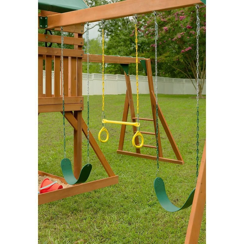 Creative Cedar Designs Mountain View Wooden Playset with Rock Wall, Slide and Swings (Yellow & Green)