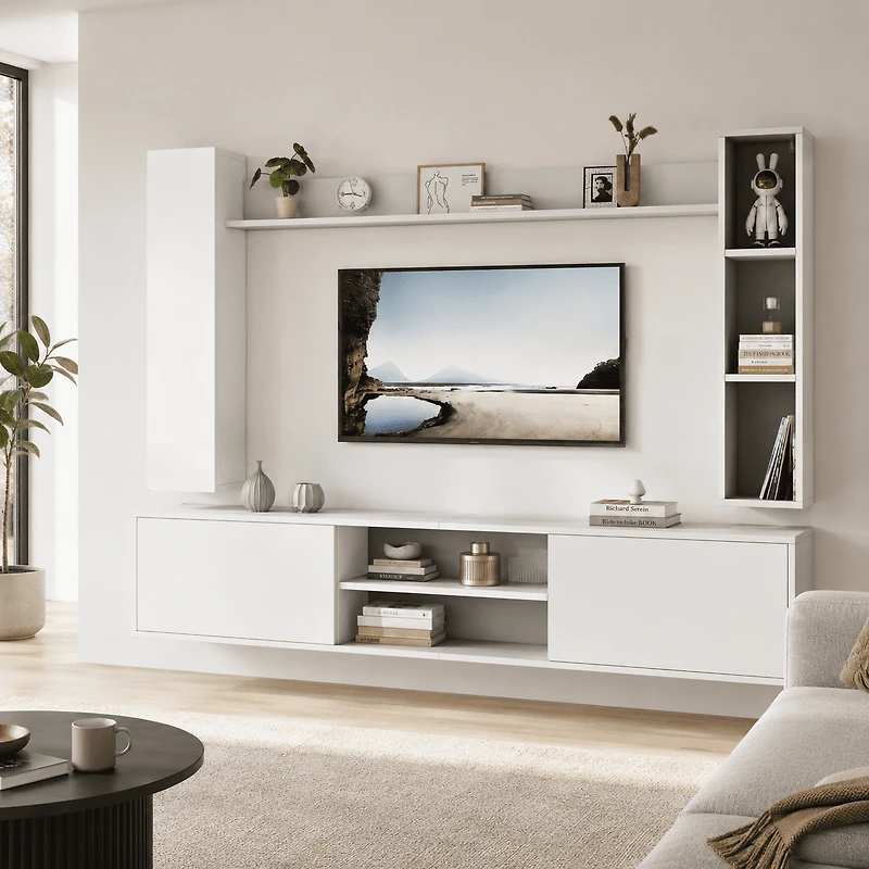 Homy Casa centre multimédia modulaire blanc avec console télé, 2 vitrines de rangement et tablette murale