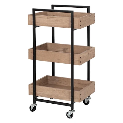 Better Homes & Gardens 3-Tier bois et acier rouler chariot utilitaire; Cadre en métal Durable; Chêne naturel et finition métal noir