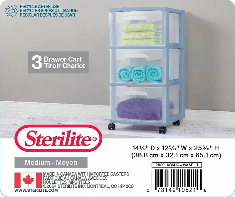 Sterilite 3 Drawer Cart, Light Blue