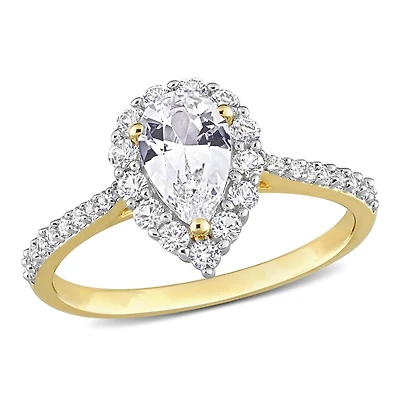Bague de fiançailles auréole en forme larme de Miabella avec 1-7/8 carat PBT de Saphir blanc synthétique en argent sterling plaqué jaune