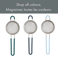Mainstays Fine Mesh Drain and Catch Strainer with Silicone Covered Handle, 23.8 cm Basket, Hands-free Hook, Kitchen Tool, Blue