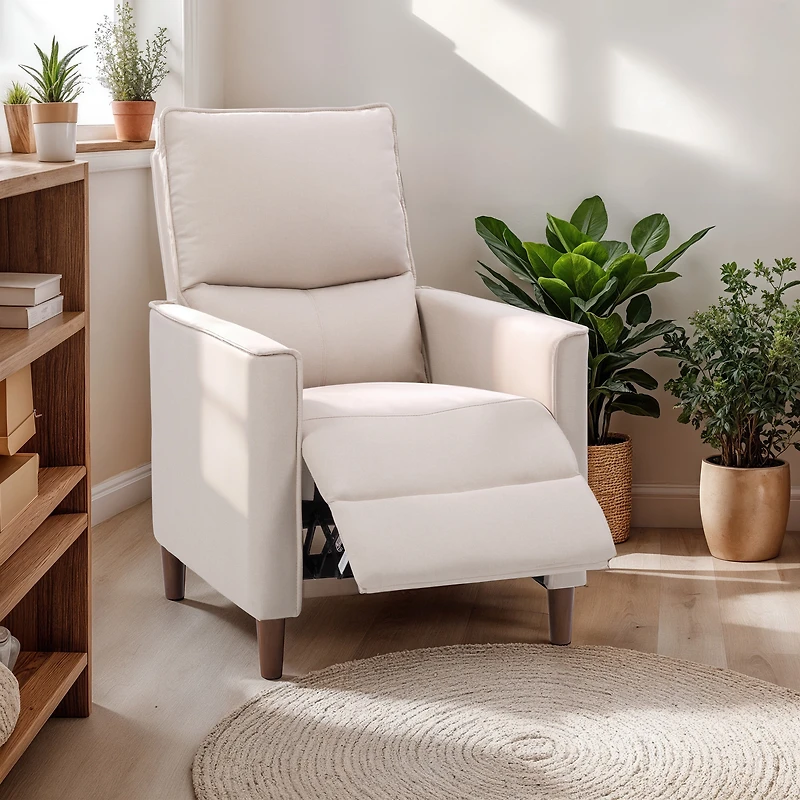 CorLiving Alder Upholstered Indoor Push Back Manual Recliner with Wood Legs, Beige