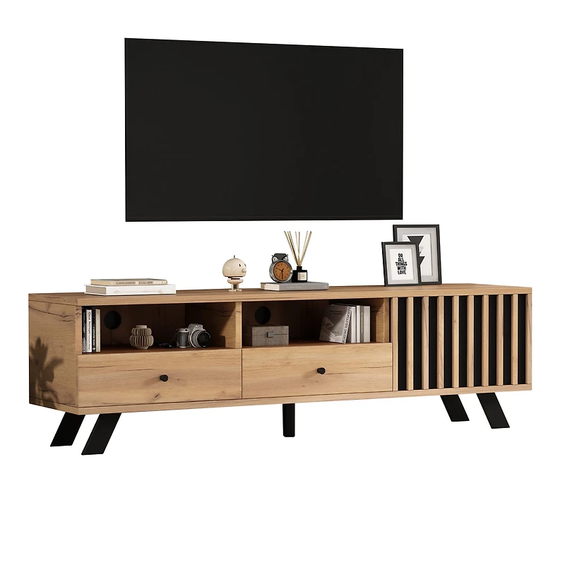 Noble House 59" TV Stand,Open Shelving Wood-Grain Finish Media Console for 65" TV,Natural