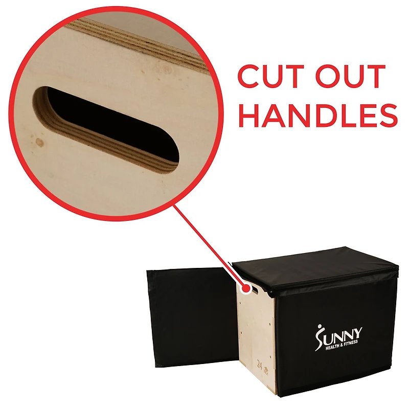 Sunny Health & Fitness Wood Plyo Box with Removable Foam Cover, 227 KG Weight Capacity and 3 in 1 Height Adjustment - 76 cm / 61 cm / 51 cm