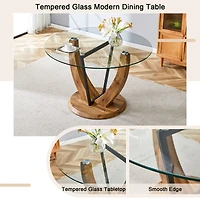 Noble House 48" Round Glass Dining Table,Tempered Glass Top 0.4" Thick,Transparent+Wood