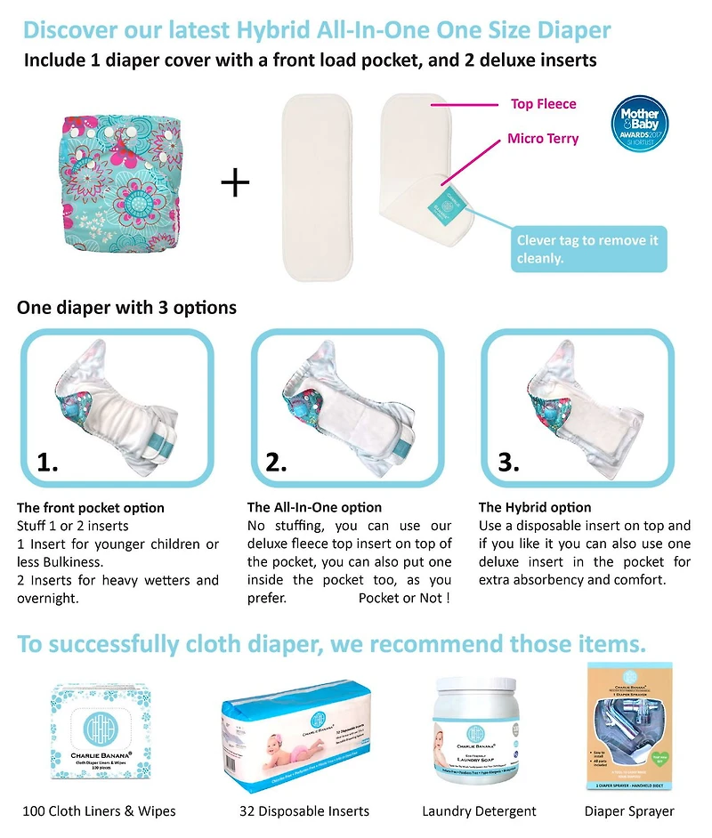 Charlie Banana 6 Inserts Oceana Hybrid All-in-One Reusable Diapers