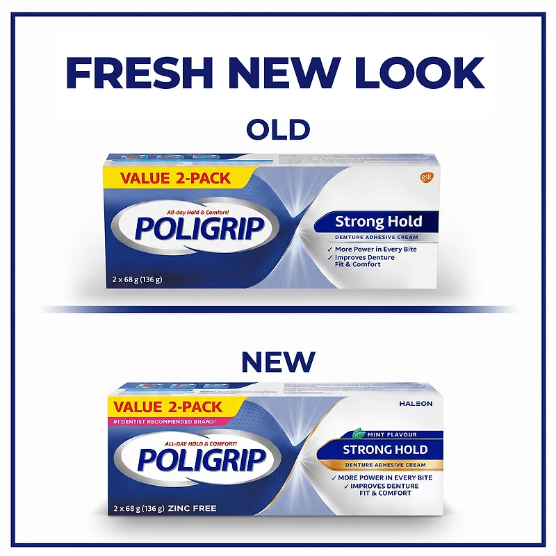 Poligrip Strong Hold Denture Adhesive Cream, Zinc Free, 2x68g tubes