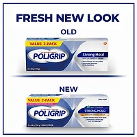 Poligrip Strong Hold Denture Adhesive Cream, Zinc Free, 2x68g tubes