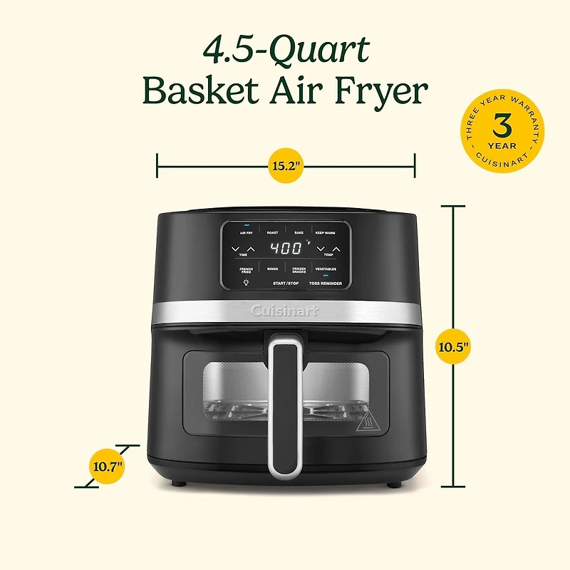 Cuisinart Friteuse à air avec panier de 4,5 l, lumière intérieure, pièces lavables au lave-vaisselle, 4 préréglages, rôtir, cuire, griller, frire à l'air libre et garder au chaud pour des repas