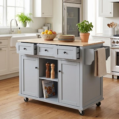 Îlot de cuisine Homy Casa, plateau pliable, 3 tiroirs, rangement, bleu