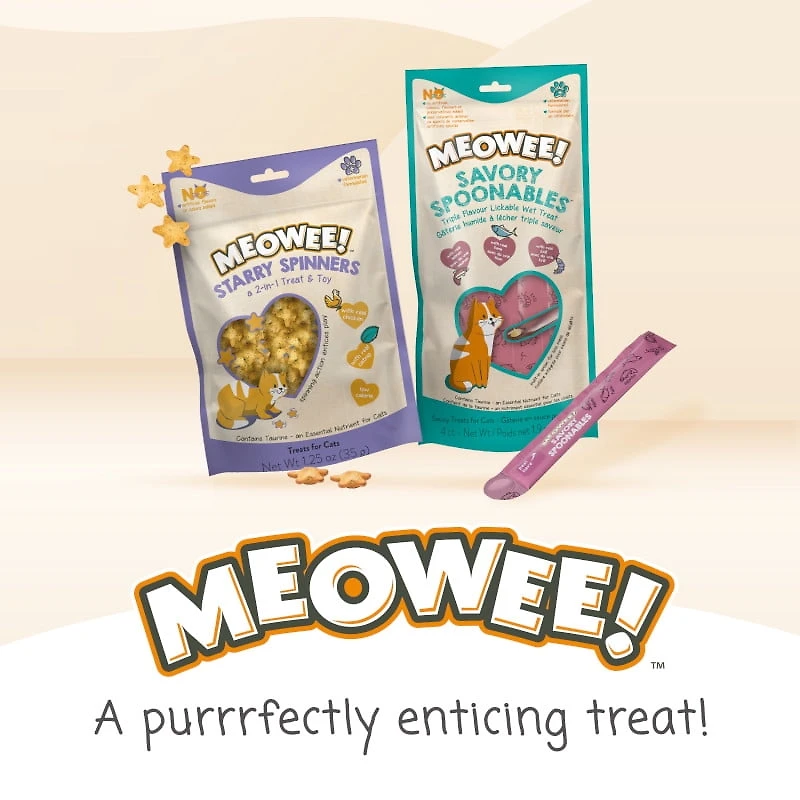 Meowee Lickable Cat Treats, Squeezable Wet Cat Snack with Tuna, Chicken & Duck, Built-In Spoon, 4 Pack (56 g)
