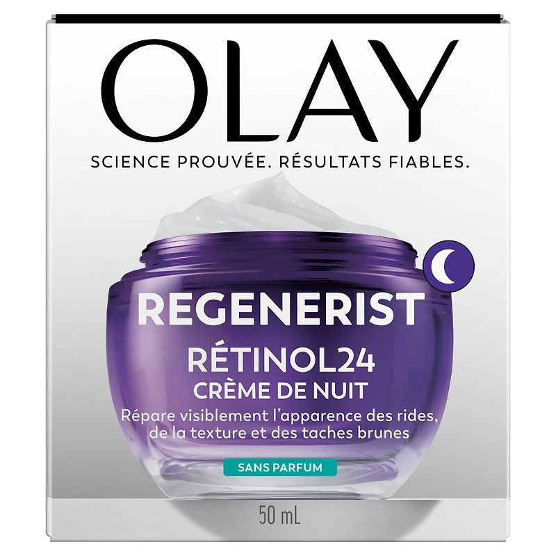 Crème Pour Le Visage Olay Rétinol 24, Hydratant De Nuit Anti-Âge, Sans Parfum, Non Gras, Anti-Rides, Lisse Les Ridules, Raffermissant, Soins De La Peau Hydratants – Peptides, Glycérine, 50 mL