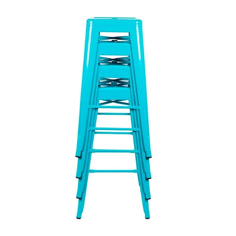 Heavenly Collection Industrial Turquoise Metal Counter Stools Set of 3 - Tolix-Style Backless Barstools with Wooden Seat Option - Ideal for Kitchen Islands & Patios