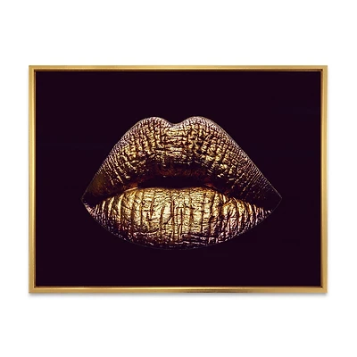 Designart Sexy Golden Metallized Female Lips II FLOAT FRAME WALL ART
