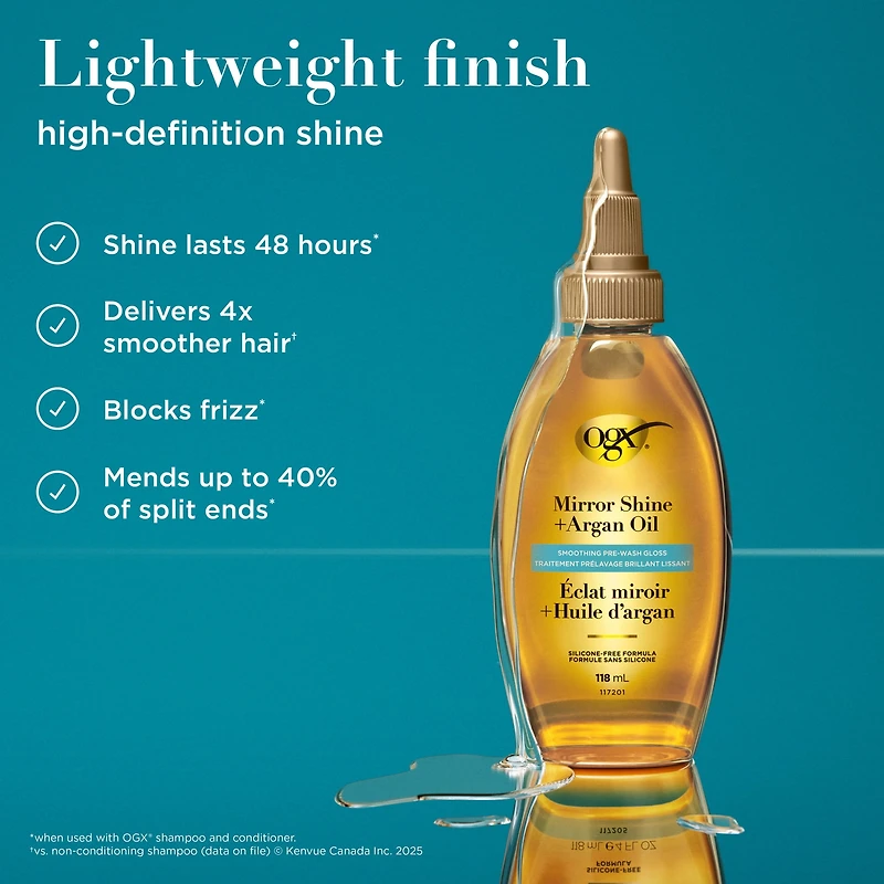 OGX Éclat Miroir + Huile d'Argan Gloss Capillaire Prélavage, Traitement Lissant à Rincer pour 48 Heures d'Éclat Brillant* & Réparation Nourrissante, Huile Capillaire Légère Répare les Pointes Fourchues***