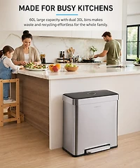 Step N’ Sort 60L Dual Trash & Recycling Bin – 2 x 30L Kitchen Garbage Can, Hands-Free Step Pedal, Soft-Close Lid, Fingerprint-Resistant Stainless Steel